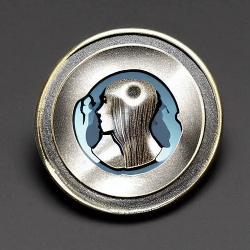 Prompt: transhumanism, metal badge with a hair clip