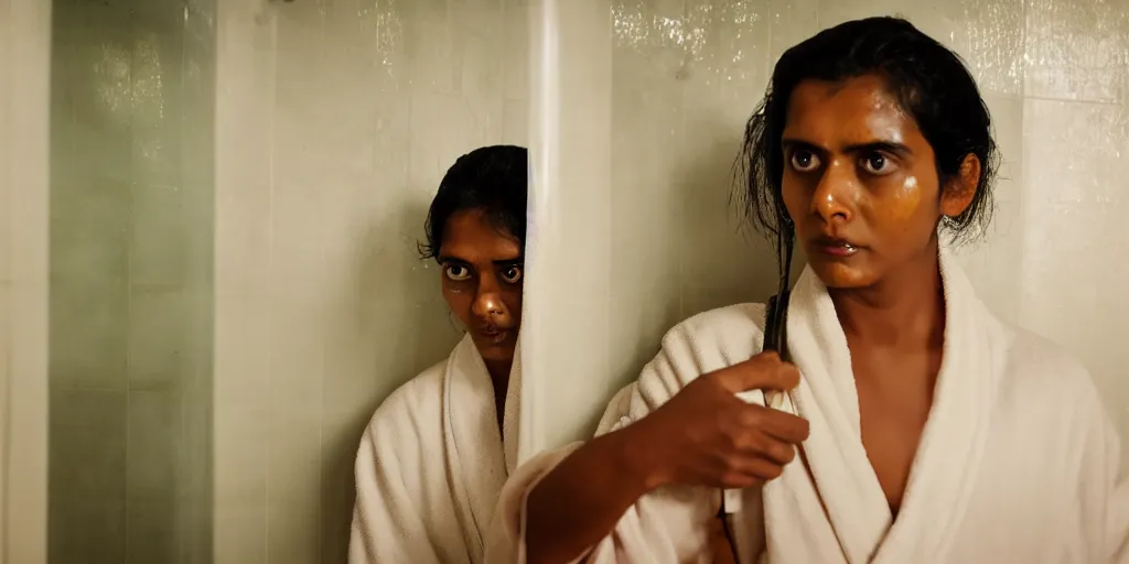 Image similar to sri lankan woman in the bathroom, wearing a bath robe, film still, psycho thriller movie style