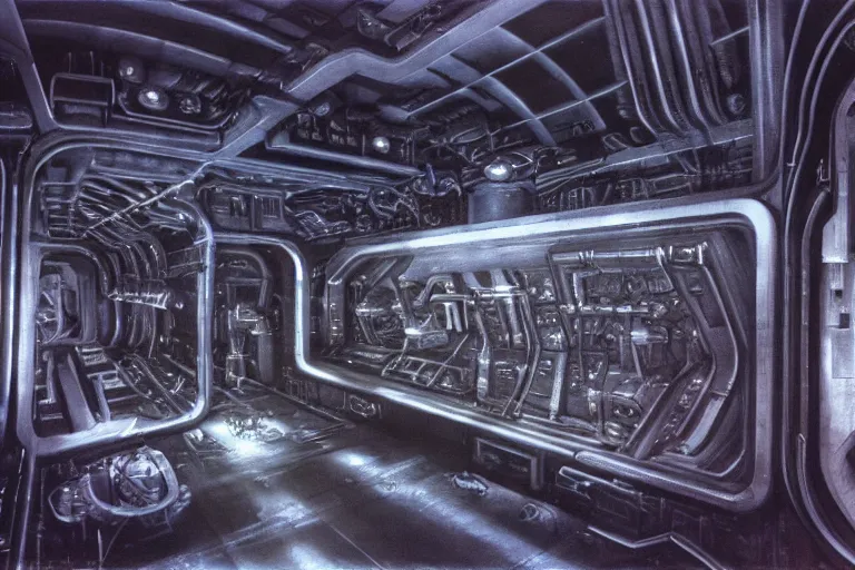 Image similar to interior of a space ship by giger with cryogenic pods, volumetric lighting, atmospheric