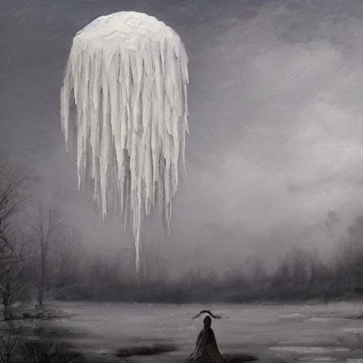 Image similar to ominous bedsheet ghost floating above a frozen lake, oil painting, brush strokes, gloomy foggy atmosphere, symmetrical, full body image, highly ornate intricate details,