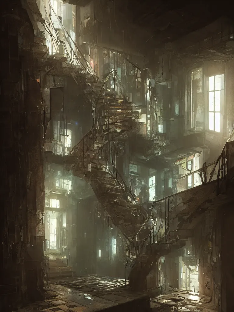 Image similar to a cellar staircase, cyberpunk style, digital painting, concept art, smooth, sharp focus, hyperrealistic, illustration, artstation trending, octane render, unreal engine, ambient light, dynamic lighting, magical, dark vibes, Cyberpunk 2077