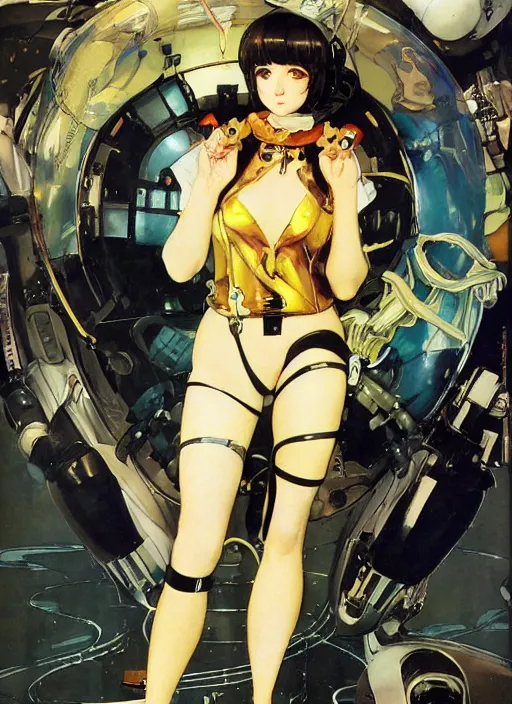 Image similar to a copic maker art nouveau portrait of an anime waifu on a futuristic latex pilot suit by john berkey norman rockwell