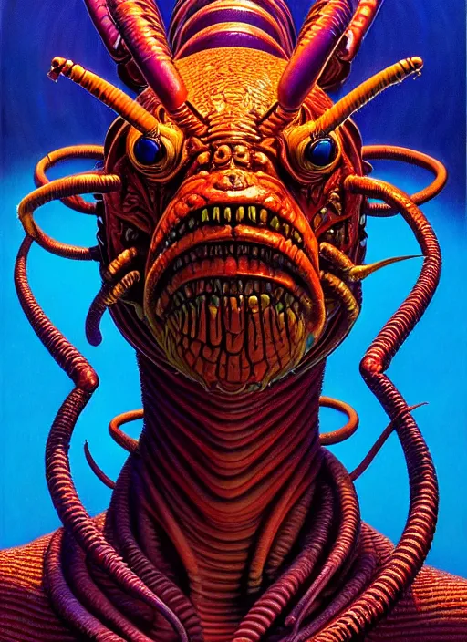 Prompt: cinematic bust portrait of psychedelic insect, head and chest only, exotic alien features, Tim Hildebrandt, Wayne Barlowe, Bruce Pennington, donato giancola, larry elmore, oil on canvas, masterpiece, trending on artstation, featured on pixiv, cinematic composition, dramatic pose, beautiful lighting, sharp, details, hyper-detailed, HD, HDR, 4K, 8K