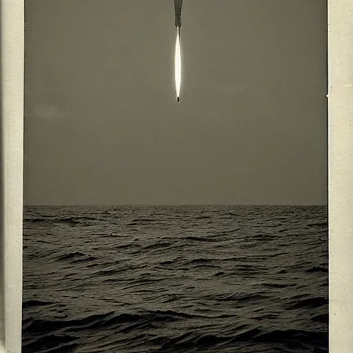 Image similar to dark photo of an ufo above the ocean, black and white, 1 9 2 0's, pictorialism