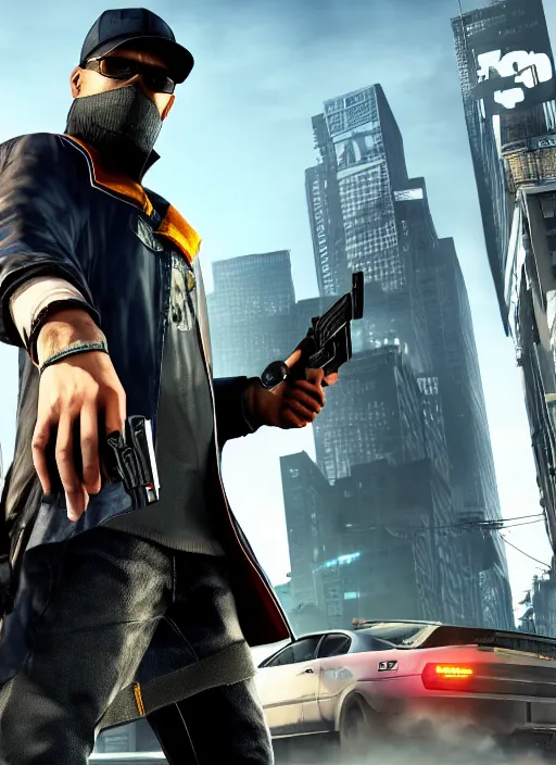 Image similar to watch dogs game crossover with grand theft auto, movie poster, 4 k, sharp, official, best movie ever, aiden pearce, marcus, trevor phillips, carl jhonson, michael de santa