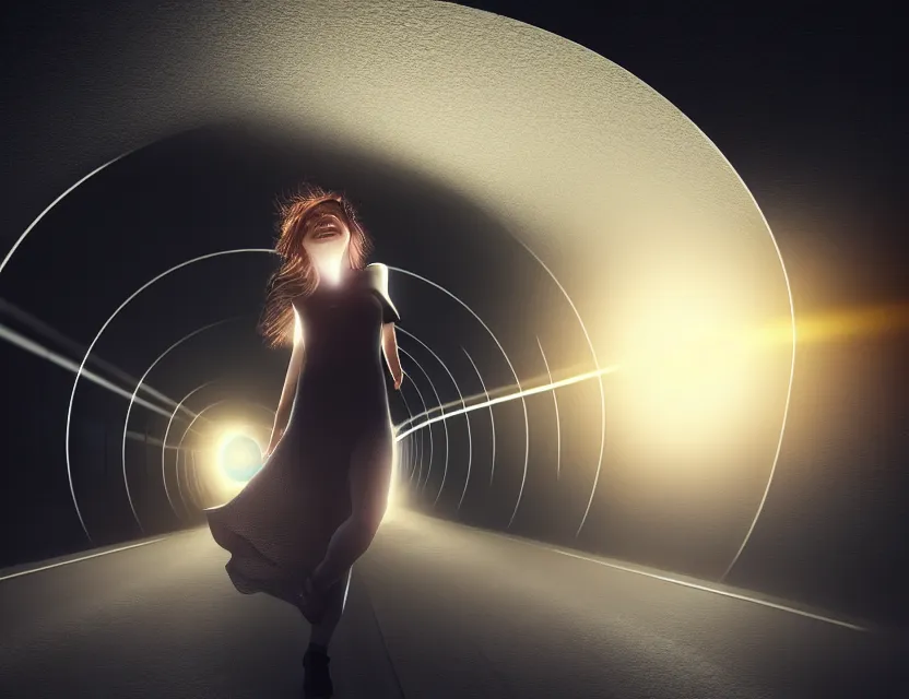 Image similar to woman, highspeed hyper jump in space accelerated movement in the tunnel blurry forward movement glowing beams of light | | sunny night, full moon, dreamlike art, realistic shaded, smile, good looking, hyper details, 4 k realistic, cryengine, realistic shaded lighting poster 8 k resolution, trending on artstation, luxury