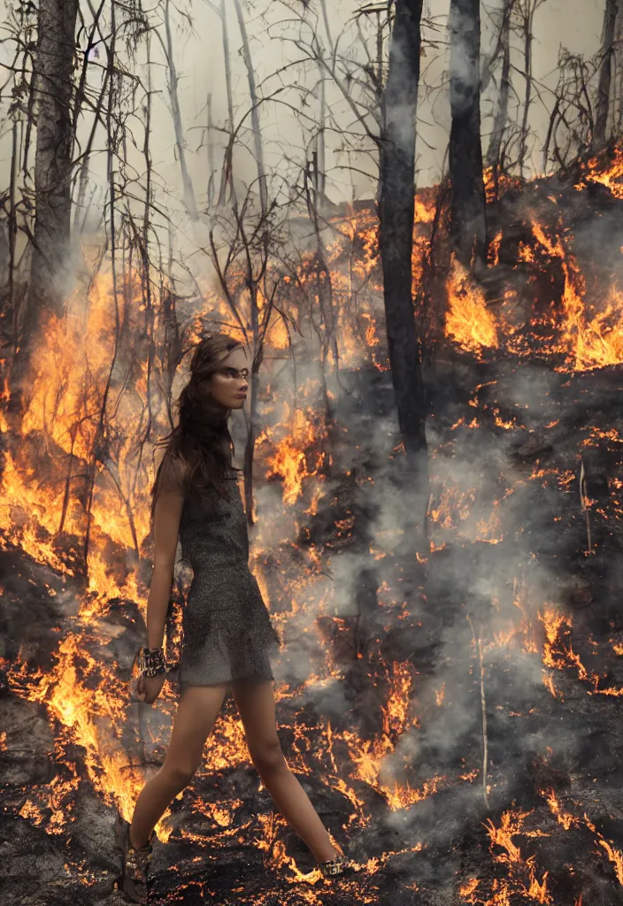Image similar to fashion editorial in forest fire burning.