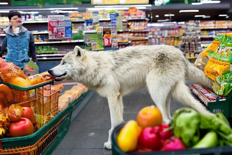 Prompt: anthro anthropomorphic Canis lupus arctos arctic wolf werewolf buying groceries at supermarket professional photo