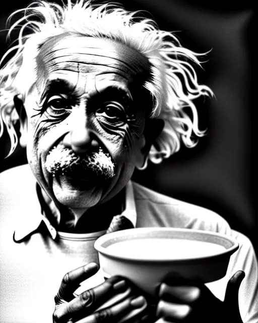 Image similar to A photo of Albert Einstein eating appam, highly detailed, trending on artstation, bokeh, 90mm, f/1.4