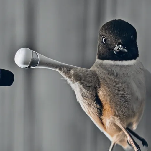 Image similar to A photograph of a bird wearing headphones and speaking into a microphone