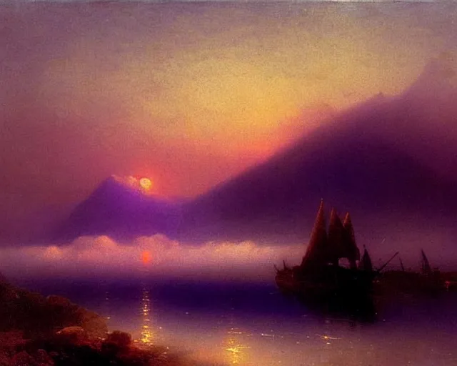 Image similar to clouds that look like mountains, figure with a guitar behind mist, sunrise, purple and blues, art by Ivan Aivazovsky