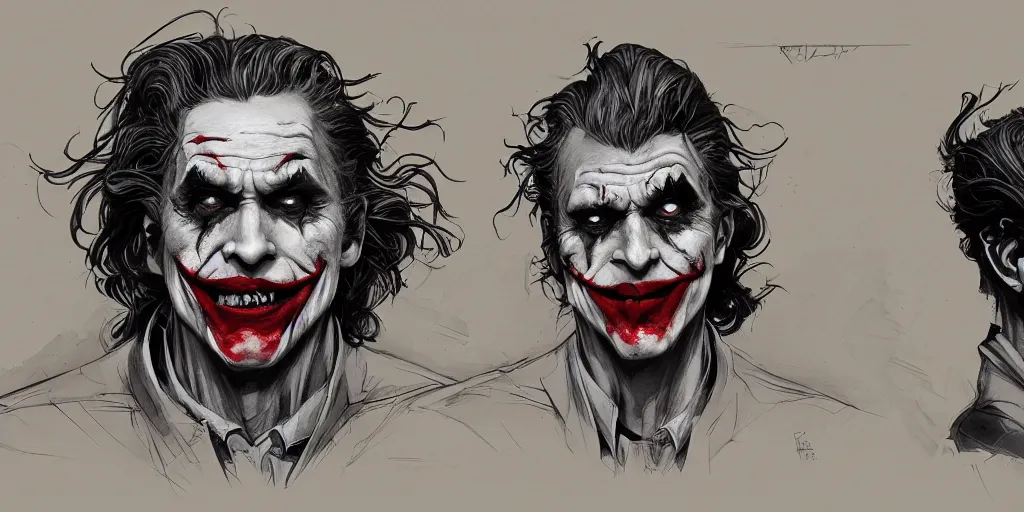 Image similar to the joker, character sheet, concept design, contrast, kim jung gi, greg rutkowski, zabrocki, karlkka, jayison devadas, trending on artstation, 8 k, ultra wide angle, pincushion lens effect