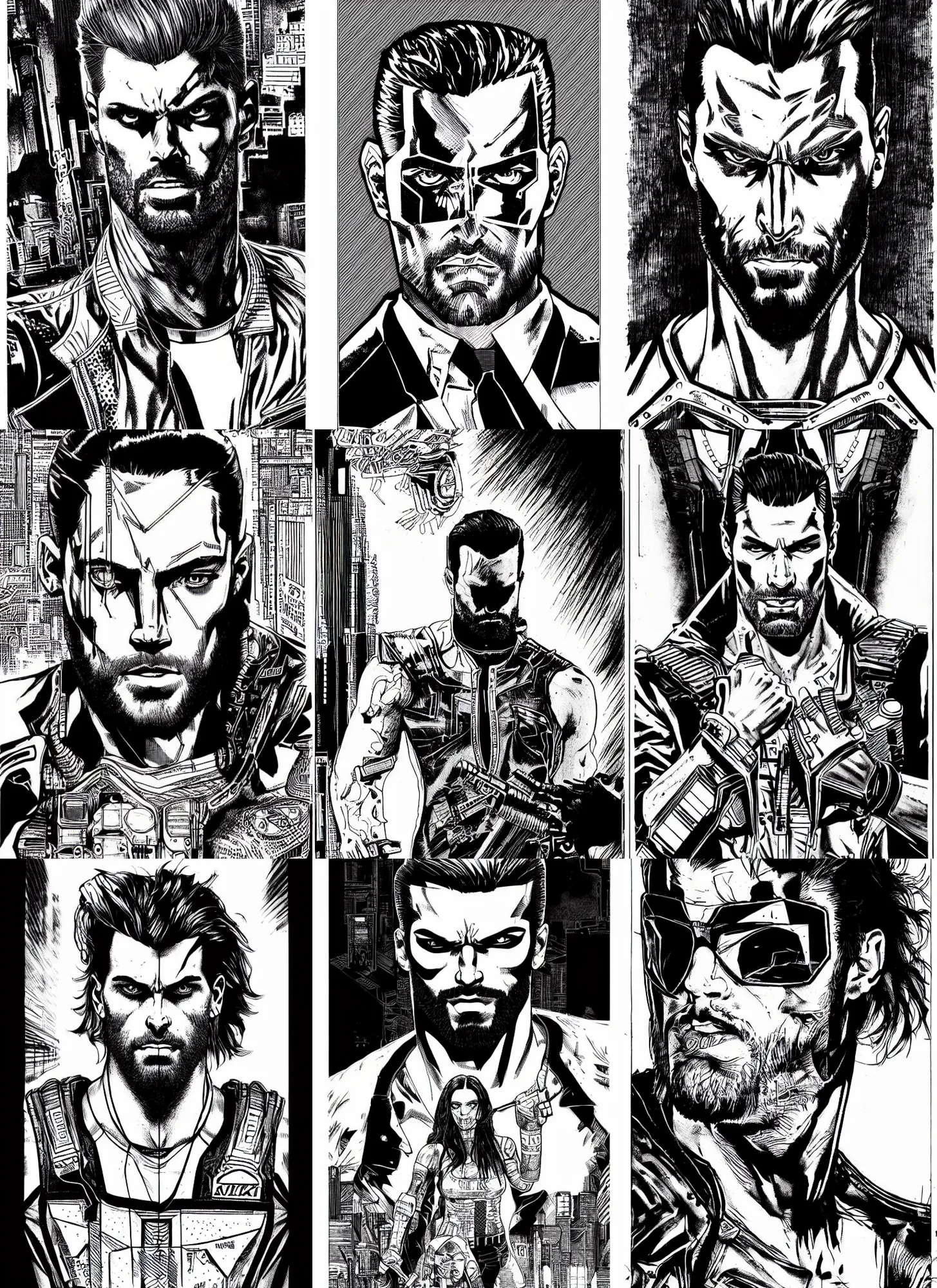 Prompt: gigachad, portrait, cyberpunk 2 0 2 0 manual, by steampoweredmikej, by tim bradstreet, inktober, ink drawing, black and white, coloring pages, manga, highly detailed