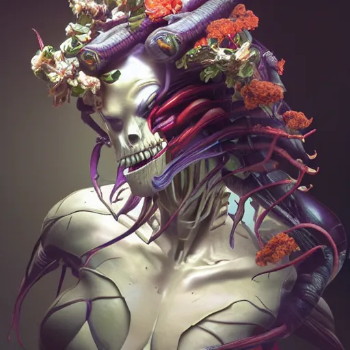 Image similar to a xenomorph made of flowers, art by artgerm and greg rutkowski and alphonse mucha, concept art, octane render, unreal engine 5, highly detailed, high quality, 8 k, soft lighting, path traced