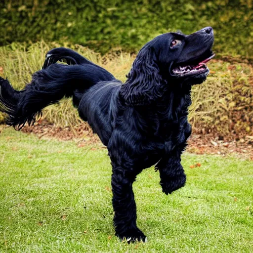 Prompt: an overexcited black cocker spaniel wagging her tail