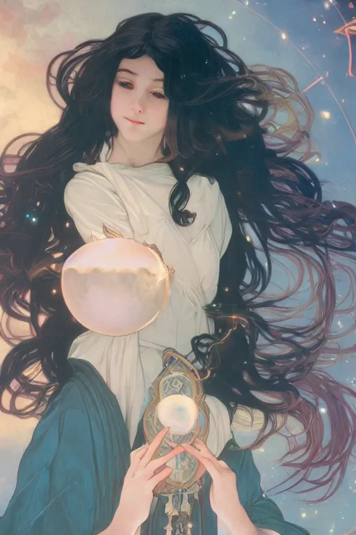 Image similar to a cute wizard girl conjuring a lightening ball, character art portrait, anime key visual, official media, illustrated by alphonse mucha, wlop, william bouguereau, extremely detailed, 8 k, trending on artstation, cinematic lighting, beautiful