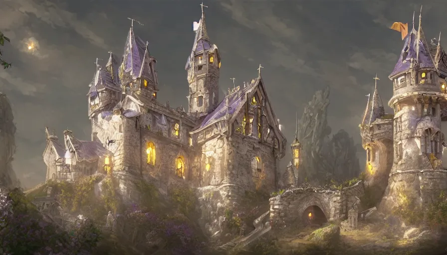 Prompt: digital painting of a white and purple castle with gold cross on top built on a wonderful medieval village, hyperdetailed, artstation, cgsociety, 8 k