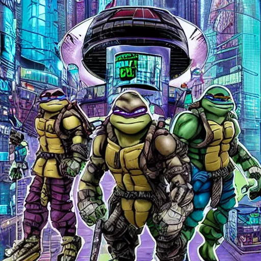 Prompt: cyberpunk teenage mutant ninja turtles in a cyberpunk city