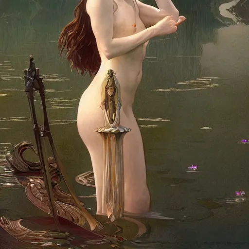 Image similar to portrait of the lady of the lake rising from the water holding excalibur, intricate, elegant, highly detailed, digital painting, artstation, concept art, smooth, sharp focus, illustration, art by artgerm and greg rutkowski and alphonse mucha and william - adolphe bouguereau