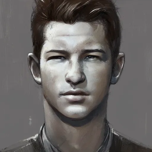 Image similar to portrait of a man by greg rutkowski, he looks like tye sheridan, he is about 2 0 years old, messy brown hair, tired eyes, he is wearing a black and white kevlar superhero suit, highly detailed portrait, digital painting, artstation, concept art, smooth, sharp foccus ilustration, artstation hq