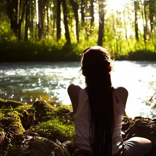 Prompt: back view of a young lady washing her long hair by the river in a grown forest, sunlight reflected on the river