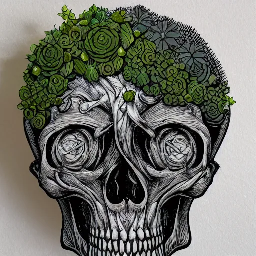 Prompt: overgrown skull inspired by René Laloux,Dan Mumford,twisted ivy vines,moss,succulents