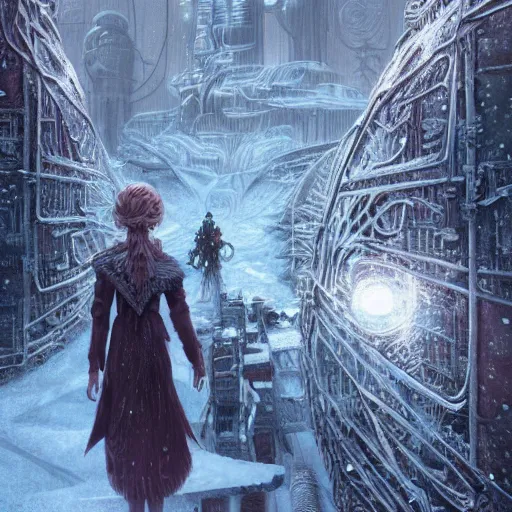 Prompt: elsa as a complex robotic monster, cyborg frozen robot with long fingers, snow planet, illustrative style, intricately detailed, frostpunk, Artwork by Ted Nasmith + Marc Simonetti + Studio Ghibli