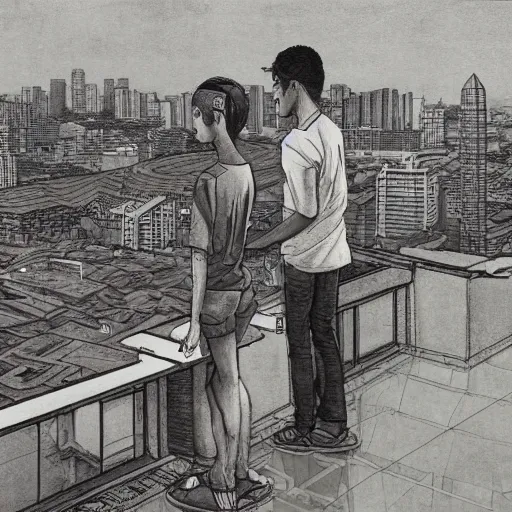 Image similar to art of two singapore students on the roof of a hdb flat, by moebius