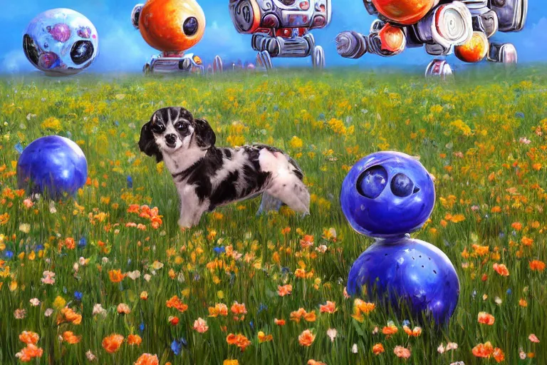 Image similar to beautiful painting robot dogs playing in a stunning field of flowers, blue sky, huge multiple moons by phil foglio and vincent dutrait, trending on artstation, hdr