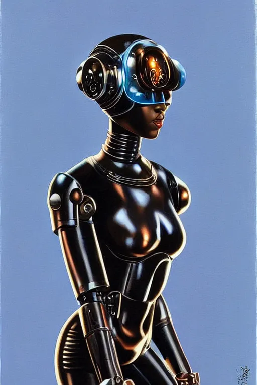 Prompt: beautiful black girl wearing robot suit, by greg hildebrandt