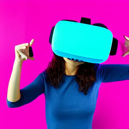 Prompt: realistic picture of female wearing virtual reality device cyan magenta background