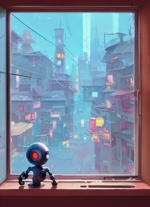 Image similar to seen through a window, robot toy shop, detailed, cory loftis, james gilleard, atey ghailan, makoto shinkai, goro fujita, studio ghibli, rim light, exquisite lighting, clear focus, soft painting, ethereal, 8 k