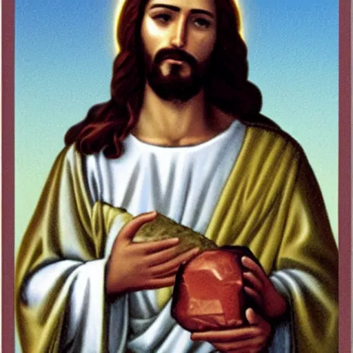 Image similar to Jesus holding a kilo of cocain