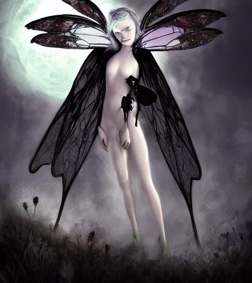 Image similar to gothic fairy with dragonfly wings, digital painting, liminal eerie midnight backlit, a picture taken by Michael Komarck