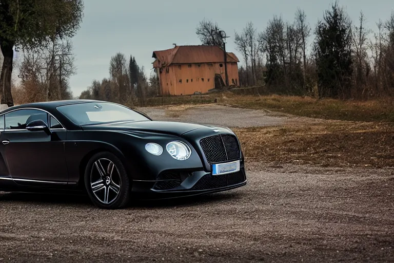 Image similar to modern rusty matte tired Bentley Continental GT without gloss no reflections drives along the road of an old Russian village with houses at the edges