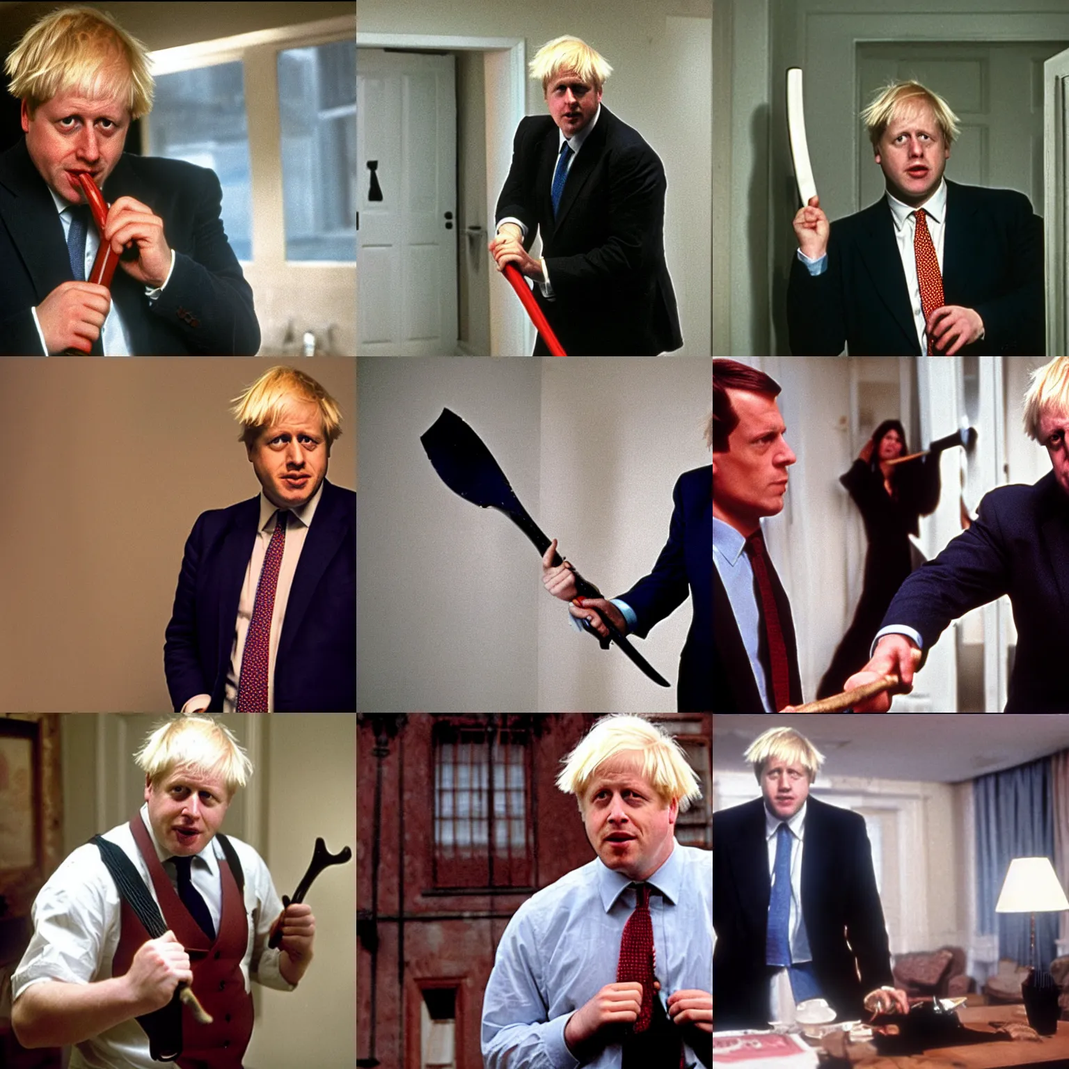 Prompt: boris johnson with axe in american psycho movie