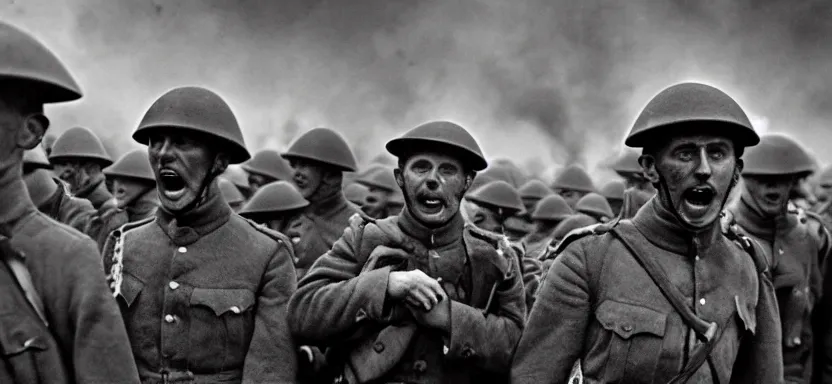 Prompt: horrified World War 1 soldiers, high contrast lighting, cinematic film still