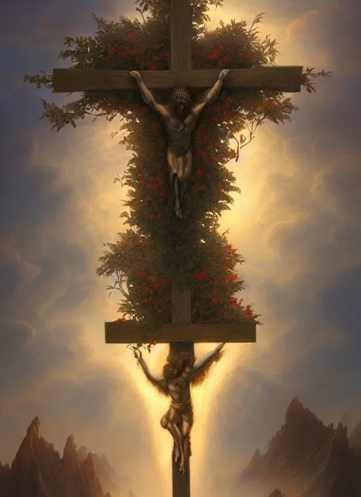 Prompt: christ on the cross, overgrown, in the style of tomasz alen kopera and fenghua zhong and peter mohrbacher, mystical colors, rim light, beautiful lighting, 8 k, stunning scene, raytracing, octane, trending on artstation
