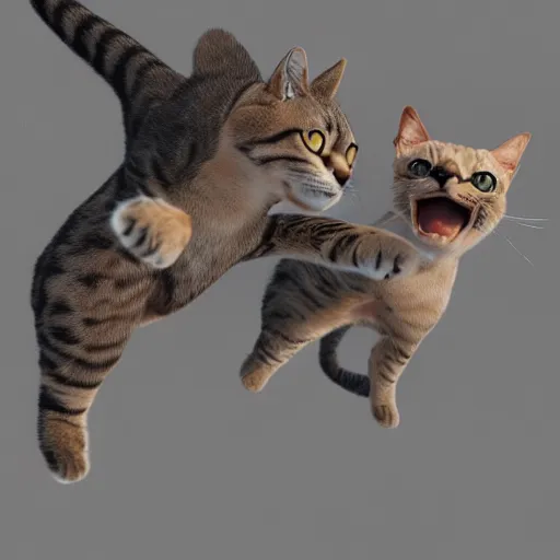 Image similar to 3 d photorealistic render of angry cats skydiving