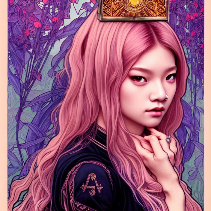 Image similar to jossi of blackpink, king, tarot card, highly detailed, digital painting, smooth, sharp focus, illustration, ultra realistic, 8 k, art by artgerm and alphonse mucha