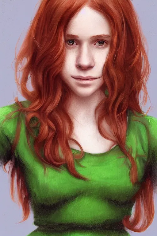 Prompt: ultra realistic style illustration of a beautiful cute red haired playful joyful teen girl in a green dress, long hair, face of young kate mara, sci - fi, intricate, elegant, digital painting, artstation, concept art, smooth, sharp focus, illustration, 8 k frostbite 3 engine, ultra detailed, art by artgerm and greg rutkowski and magali villeneuve