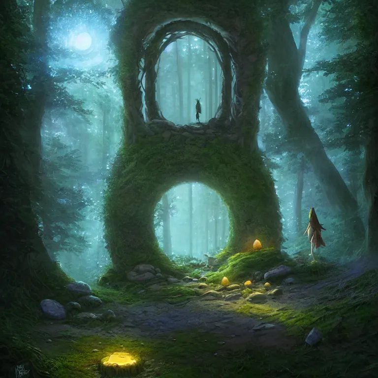 Image similar to Fantasy Magical fairy-tale glowing stone portal in the forest. Round stone portal teleport in trees to other worlds. Fantastic landscape. Magic Altar in the fores, highly detailed, digital painting, concept art, smooth, sharp focus, illustration, art by greg rutkowski