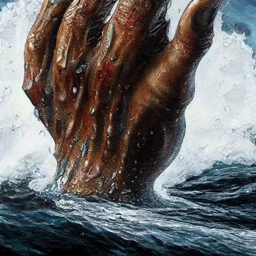 Prompt: massive stone hand rising from the waves with water dripping down, artstation