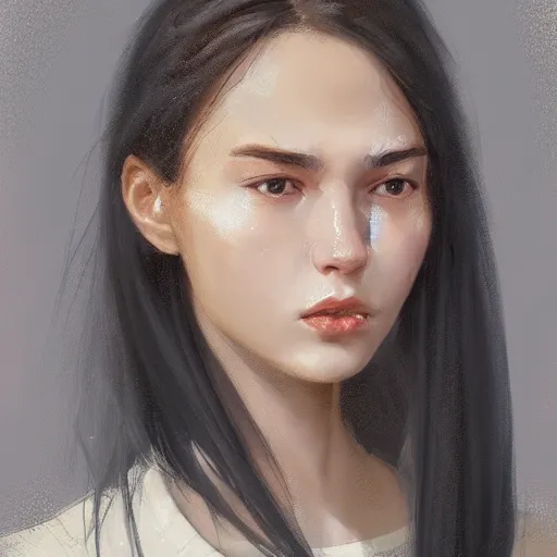 Image similar to portrait of a young woman by greg rutkowski, she is about 2 0 years old, mixture between russian and japanese, pretty, black bob hair with two strands around her face, very tall and slim, wearing a oversized jumper jumpsuit, highly detailed portrait, digital painting, artstation, concept art, smooth, sharp foccus ilustration, artstation hq