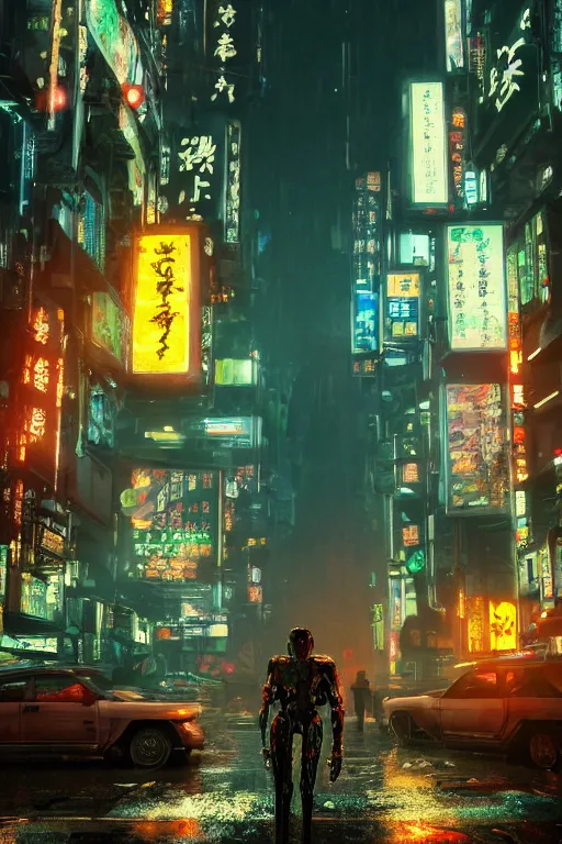 Prompt: cinematic photo of ancient overgrown cyberpunk tokyo with robot, night, rain, flowers, beautifully lit, hyperdetailed, unreal engine, photorealistic, denis villeneuve film look, blade runner set