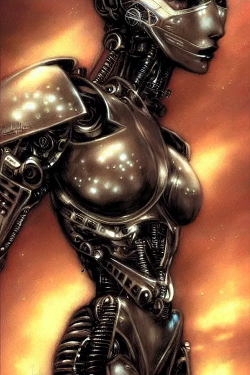 Prompt: a beautiful robot fighter pilot, fantasy, portrait, sharp focus, intricate, elegant, illustration, ambient lighting, art by Luis Royo