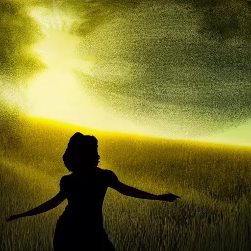 Prompt: silhouette of woman with flowing hair overlooking an expansive green hillside while leaves and a blue-yellow sky beam, extremely moody lighting, glowing light and shadow, atmospheric, fine art, trending, featured, 8k, photorealistic, complex,symmetrical , 3-point perspective, hyper detailed, unreal engine 5, IMAX quality, cinematic, high resolution, 3D, PBR, path tracing, volumetric lighting, octane render, arnold render