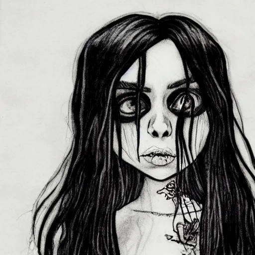 Prompt: grunge drawing of billie eilish in the style of corpse bride