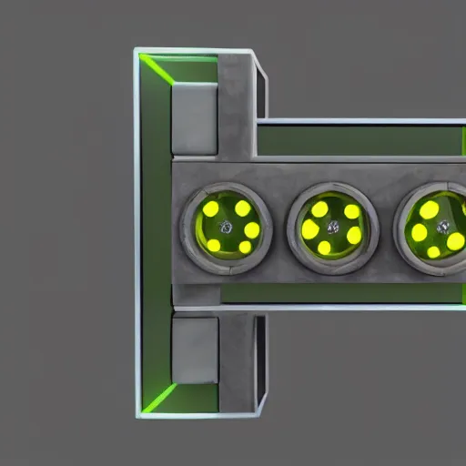 Prompt: a grey block with a traffic light attached to it, gears visible through glass on the block, unreal engine, 3 d model, grey bg