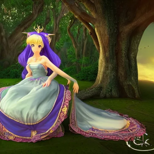 Prompt: a pleasant, beautiful, funny, smooth 3D CG render, semirealistic anime style, a noble priestess magician princess girl wearing dress and jewelry, in a glorious magic kingdom, relaxing calm vibes, fairytale